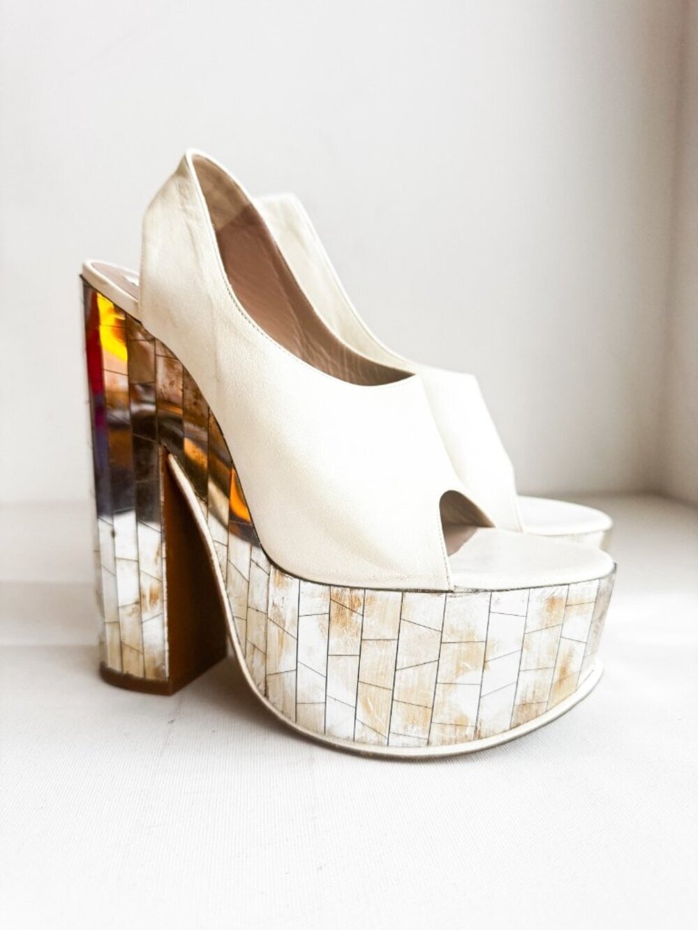 Rochas RUNWAY White Leather Mirror " Disco" Sandals Chunky Heel 39 - Picture 4 of 11